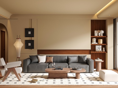 中古侘寂风客厅 沙发茶几组合 绿植 饰品摆件 台灯  背景墙su模型