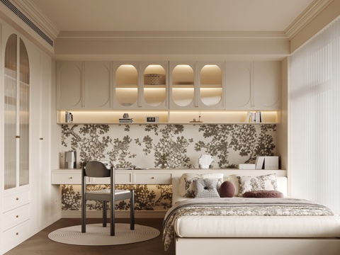 法式榻榻米卧室 双人床 衣柜 书柜su模型