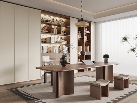 中古风书房 书柜 书桌椅su模型