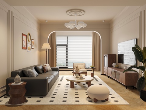 中古侘寂风客厅 沙发茶几组合 绿植 饰品摆件 台灯  背景墙su模型