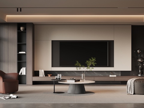 现代意式客厅 电视背景墙 沙发茶几组合su模型