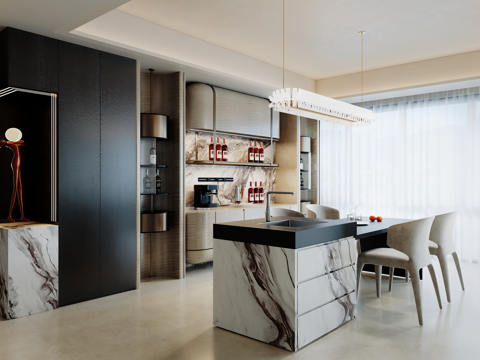  意式现代餐厅 岛台餐厅 意式餐边柜3d模型 