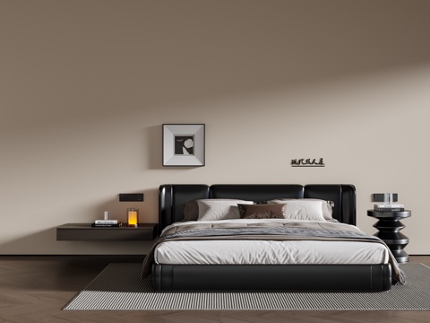  现代意式双人床 皮质双人床 床头柜 挂画 地毯3d模型 