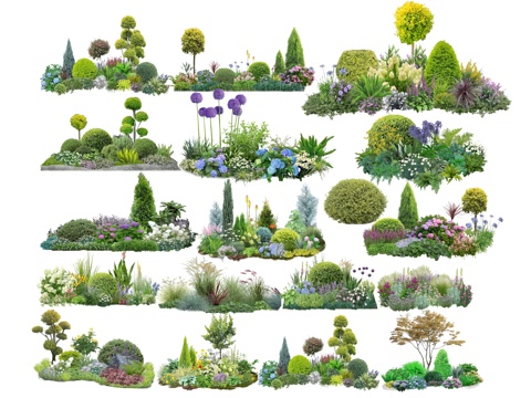 现代花境植物组团 2D花卉花镜 花草镜植物组合 花草花丛su模型