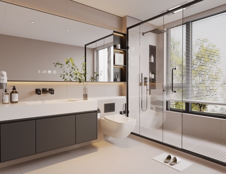 现代卫生间 干湿分离卫生间 浴室柜 镜柜 壁挂马桶su模型