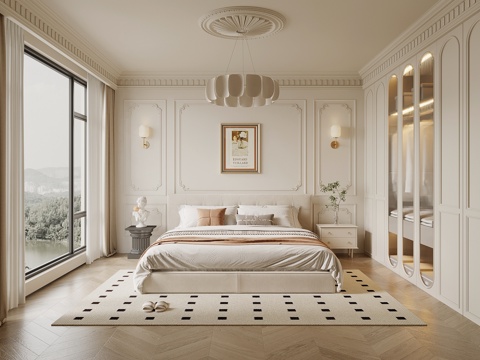 法式奶油风卧室 双人床 床头柜 衣柜su模型