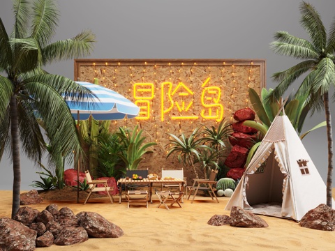 现代露营风植物造景 露营风造景装置 景观植物 露营椅su模型