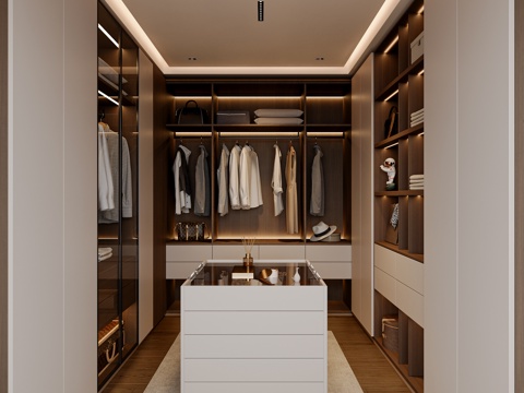  现代简约衣帽间 u型衣帽间 步入式衣帽间 衣柜 主卧衣帽间3d模型 