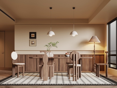 中古风餐厅 餐桌椅 背景墙su模型