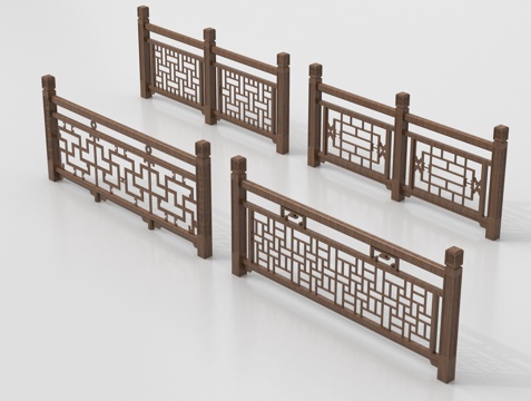 新中式栏杆护栏 栅栏围栏 实木围栏护栏su模型