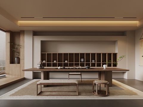 新中式茶室 茶桌椅 茶柜 背景墙su模型