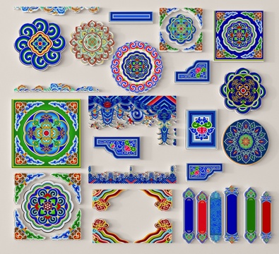 现代剪影 藏式花纹 图腾 民族装饰工艺品 刺绣蜡染su模型