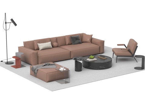 意式沙发组合 沙发茶几组合 多人沙发 休闲椅 落地灯su模型
