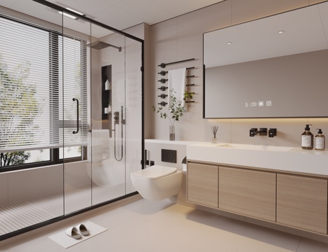  现代简约卫生间 干湿分离卫生间 浴室柜 镜柜 壁挂马桶3d模型 