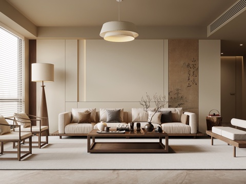 中古风客厅 沙发背景墙 沙发茶几组合su模型