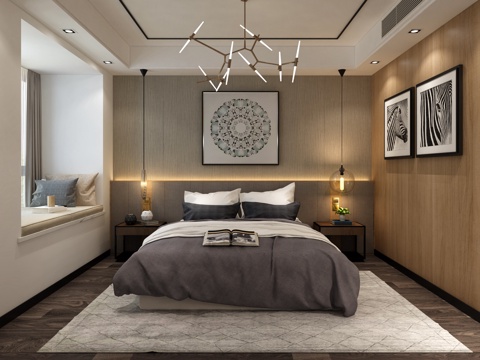  现代简约卧室 吊灯 床 3D模型3d模型 