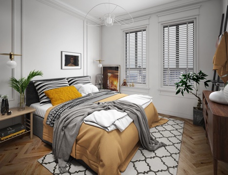  北欧轻奢卧室主人房双人床组合 食品 金属吊灯3d模型 