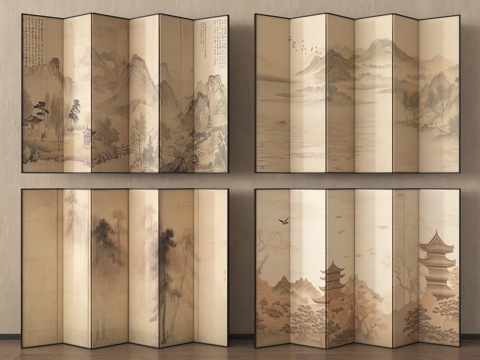 新中式屏风 木屏风 屏风隔断 可折叠屏风su模型