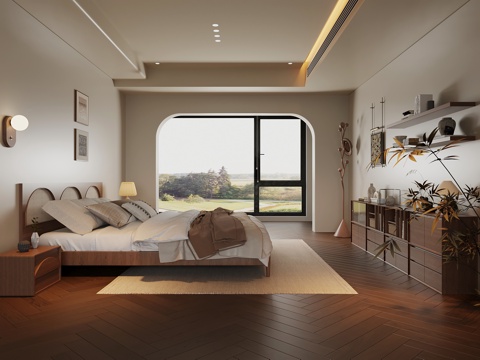 中古风卧室 双人床 书柜su模型