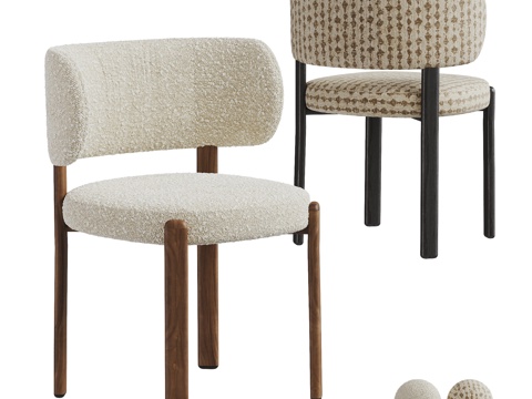 侘寂中古风单椅组合 羊羔绒餐椅 木椅 休闲椅 书椅 化妆椅su模型