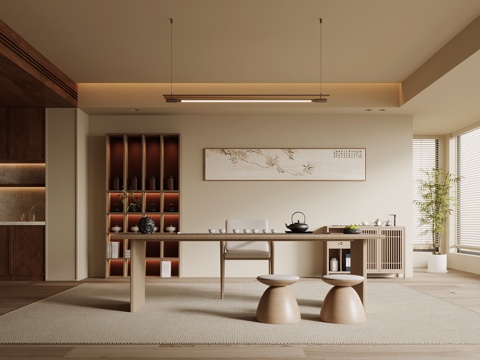 新中式茶室 茶桌椅组合 茶台 茶柜su模型