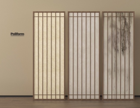 新中式屏风隔断 木屏风 格栅屏风 宣纸屏风su模型