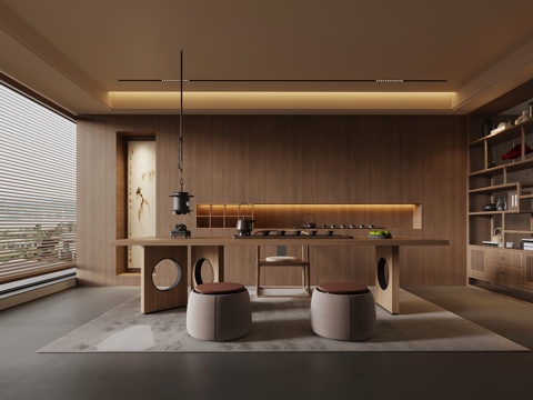 新中式茶室 茶桌椅 背景墙 博古架su模型