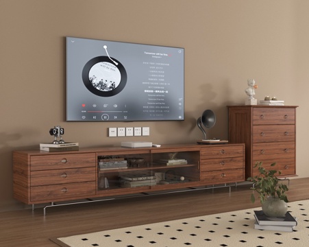 中古风电视柜 落地电视柜 实木 电视 摆件su模型