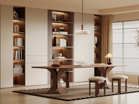 中古风书房 书柜 书桌椅su模型