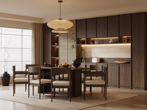  中古风餐厅 酒柜 餐边柜 餐桌椅3d模型 