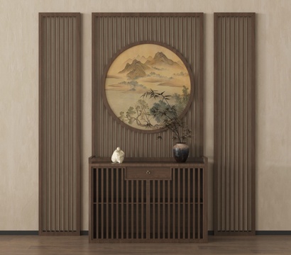 新中式禅意隔断 玄关屏风隔断 木隔断 条案su模型