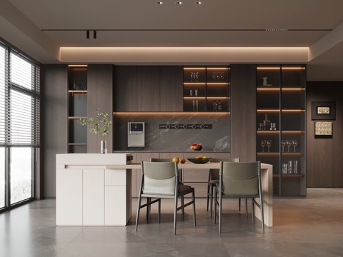 现代意式餐厅 酒柜 餐边柜 岛台 餐桌椅su模型