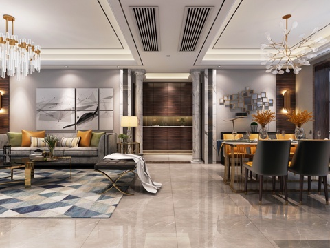  后现代现代客厅 餐厅 沙发茶几餐桌餐椅吊灯3d模型 