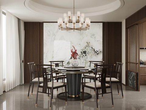  新中式餐厅 餐桌椅 圆形餐桌3d模型 