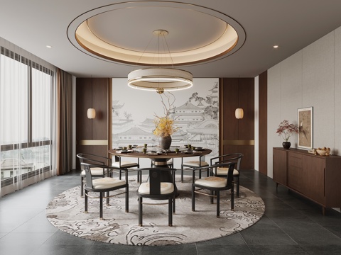 新中式酒店餐厅包房 包间 包厢su模型