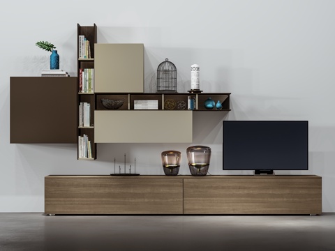  现代电视柜 电视墙 饰品 书本 电视3d模型 