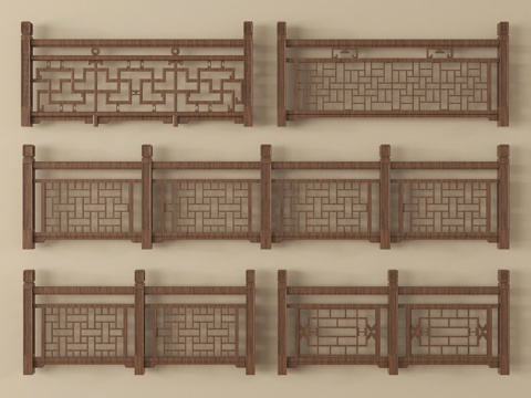 新中式栏杆护栏 栅栏围栏 实木围栏护栏su模型