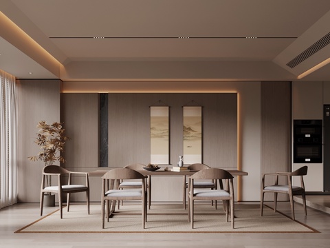  新中式餐厅 餐桌椅 背景墙3d模型 