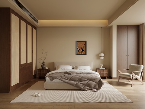 中古风家居卧室 主卧 双人床 衣柜su模型