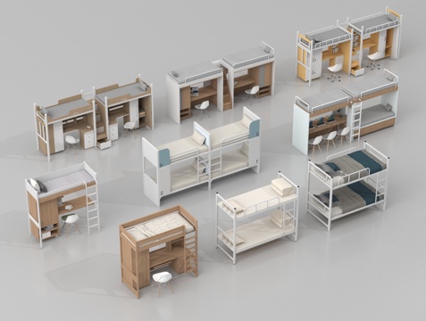 现代上下床 宿舍上下床 上床下桌su模型