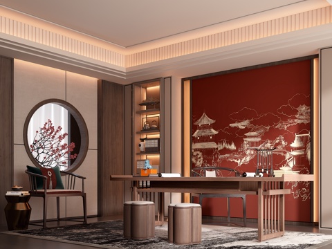 新中式书房su模型