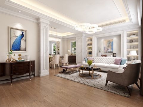  简欧客餐厅 沙发茶几餐桌椅吊灯组合3d模型 