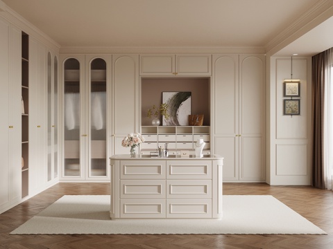 法式奶油风衣帽间 衣柜 首饰柜 中岛柜su模型