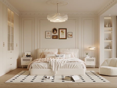 法式奶油风卧室 双人床 床头柜 衣柜su模型