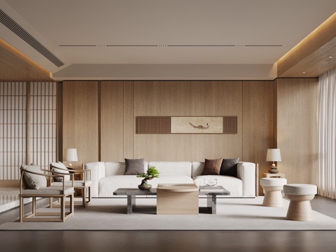 新中式客厅 沙发茶几组合 背景墙su模型