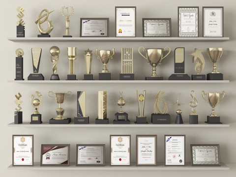  现代奖状 奖杯 奖牌 荣誉证书3d模型 