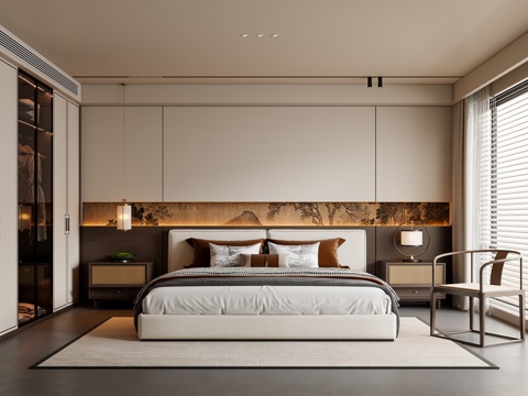 新中式卧室 布艺双人床 床头柜 吊灯 休闲椅 地毯su模型