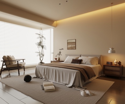 中古风卧室 主卧 双人床 床头柜su模型