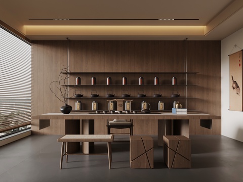 新中式茶室 茶桌椅 置物架su模型