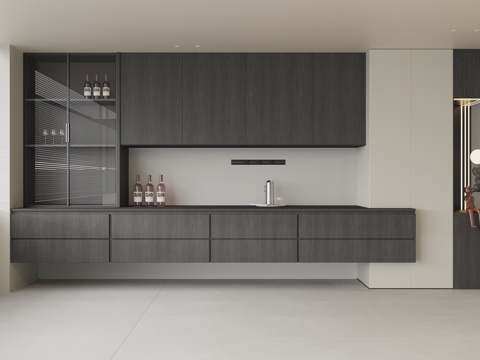 现代餐边柜 实木餐边组合柜 玻璃门酒柜 酒瓶 水壶水杯 饰品su模型